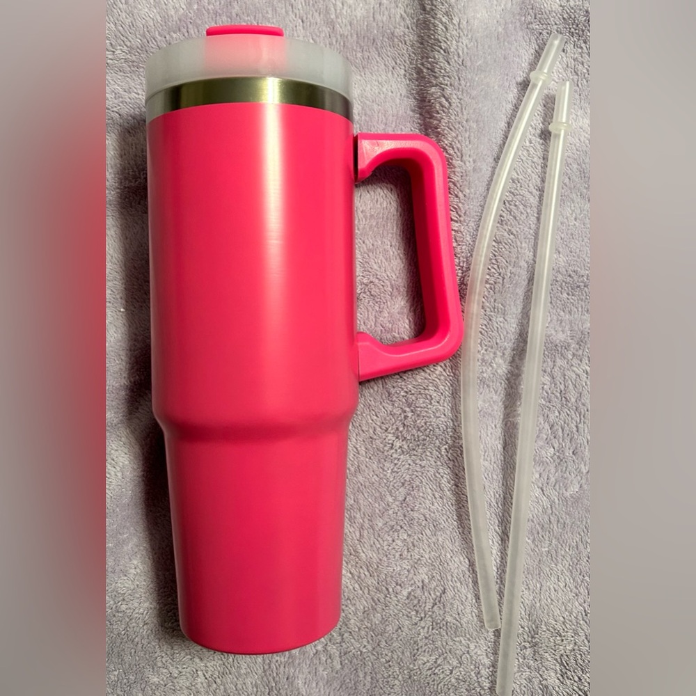 Pink “H” Monogrammed Travel Tumbler with Handle & 2 Straws - Picture 4 of 7